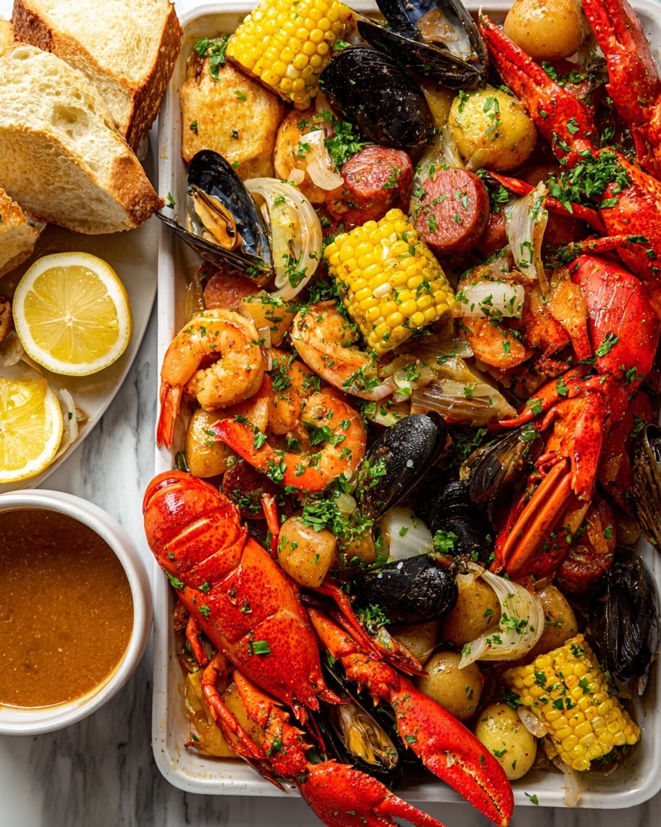 A seafood boil spread out on brown wax paper over a white marbled surface, featuring bright orange crab legs forming two layers on the bottom and middle, with shiny black mussels and clams scattered throughout. Juicy yellow corn on the cob cut into chunks is placed on top and in the middle, sprinkled with fresh green herbs. Lemon slices with pale yellow rinds and translucent interiors are layered on top, adding fresh color. Several orange shrimp and reddish lobster pieces are mixed in among the sausages that are reddish-brown and glisten with seasoning. Three women's hands and one man's hand reach in from all sides, picking up the seafood, alongside a couple of blue beer bottles positioned around the edges. Photo taken with an iphone --ar 4:5 --v 7