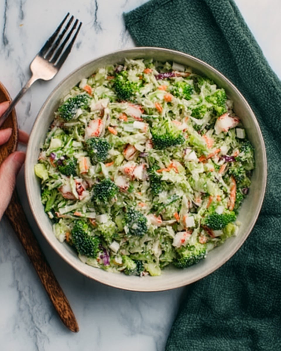 A white bowl filled with a fresh salad sits on a white marbled surface next to a green cloth and a silver fork. The salad has several layers starting with chopped broccoli florets giving a bright green texture. Mixed in are small pieces of light green cucumber, bits of orange carrot, and pale purple onion slices scattered throughout. The colors and textures blend together with a fresh and healthy appearance. photo taken with an iphone --ar 4:5 --v 7