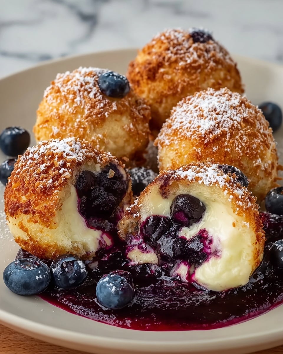 The image shows a close-up of four round dumplings on a white plate with a white marbled texture surface. Each dumpling has a golden-brown crumb coating layer that looks crunchy, with powdered sugar sprinkled on top. A dark purple-blue blueberry sauce drips over and pools around the bottom of the dumplings. One dumpling is cut open and placed on top of the others, revealing a soft, creamy white inner layer mixed with whole dark blueberries inside. Fresh whole blueberries are placed beside the dumplings on the plate. Photo taken with an iphone --ar 4:5 --v 7