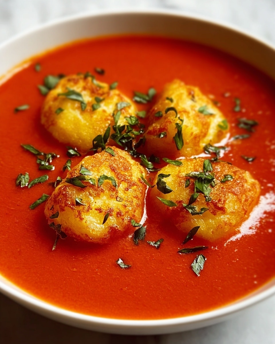 The image shows a white bowl filled with a smooth, rich red tomato soup, with four golden-brown fried gnocchi pieces placed on top, partially submerged in the soup. Each gnocchi has a crispy, slightly uneven texture highlighted by light browning, and they are sprinkled with finely chopped green herbs scattered over the gnocchi and soup surface. The close-up view captures the glossy, moist appearance of the soup and the herbs' fresh look on a white marbled surface. photo taken with an iphone --ar 4:5 --v 7