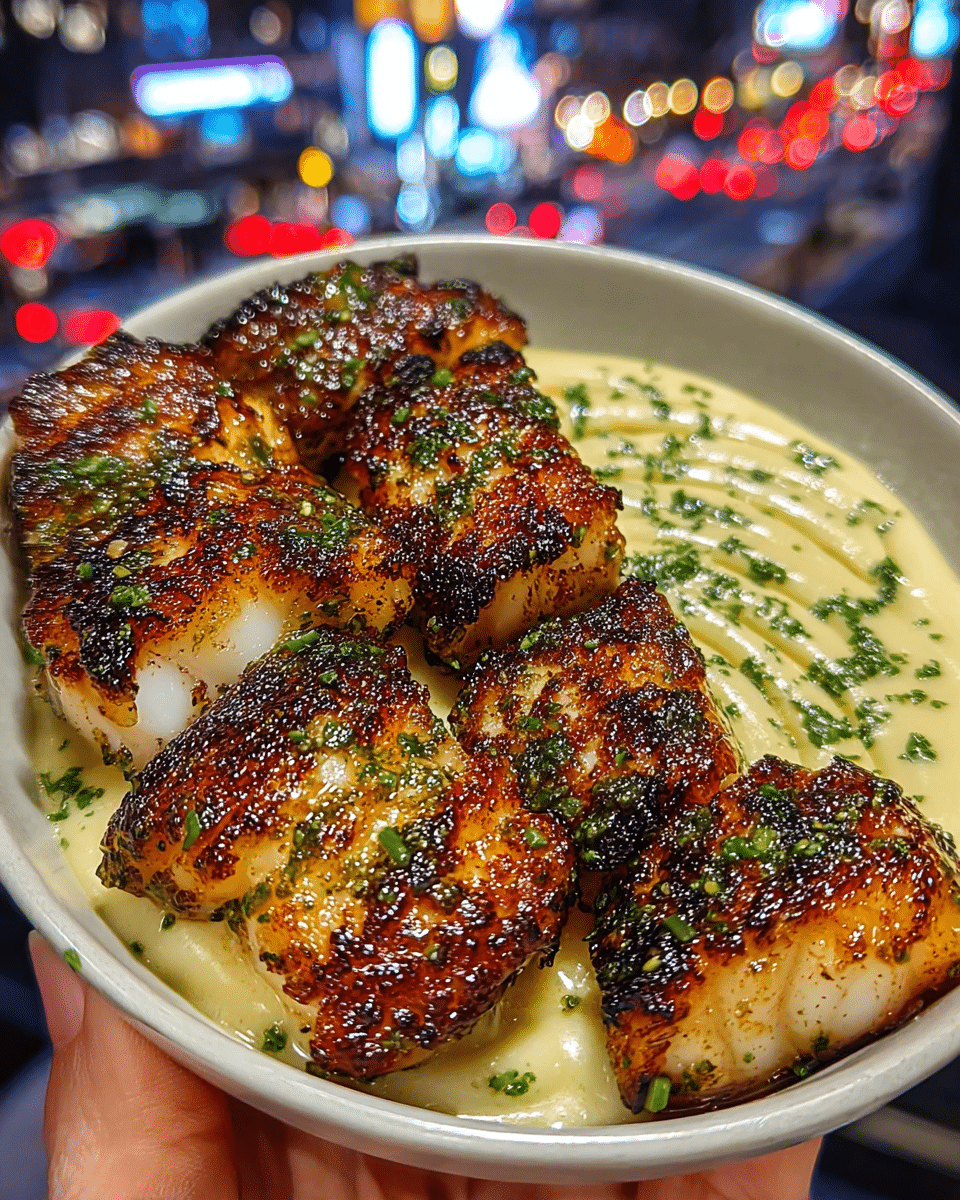 A small white bowl filled with five pieces of grilled fish, each piece showing a golden-brown, crispy outer layer with a slightly charred look and a juicy, white inside. The fish pieces have green herbs sprinkled over them. Behind the fish, a swirl of creamy pale yellow sauce with green herb bits on top fills part of the bowl. A woman's hand is holding the bowl against a blurred background of bright city lights, all placed on a white marbled surface. Photo taken with an iphone --ar 4:5 --v 7