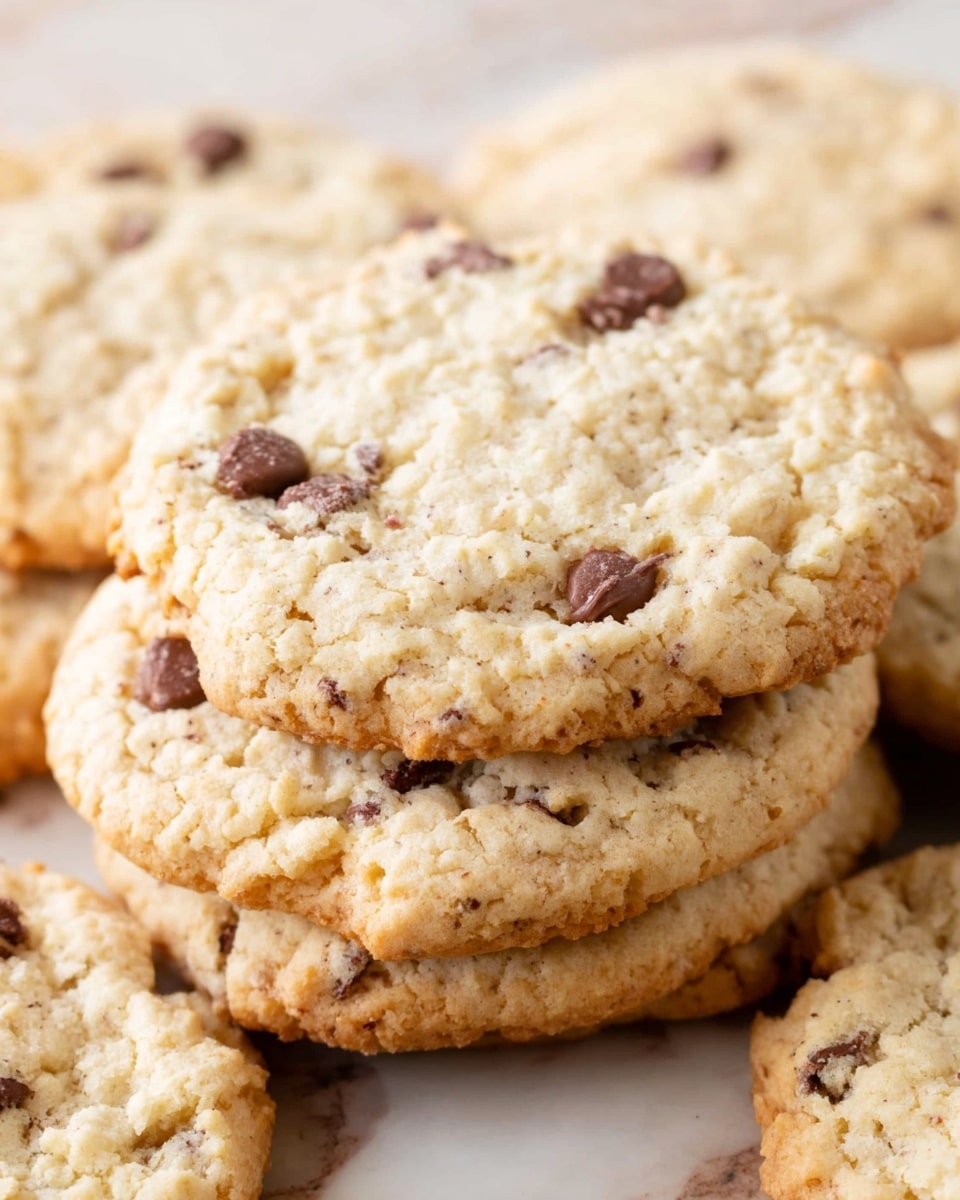 A close-up view of a stack of thick, soft cookies with a light golden color, showing a crumbly texture on the edges and a slightly cracked surface. Each cookie has small, dark brown chocolate chips scattered unevenly on top, contrasting with the pale cookie base. The cookies are piled slightly off-center, creating a sense of depth, and the surface beneath them is a white marbled texture. photo taken with an iphone --ar 4:5 --v 7
