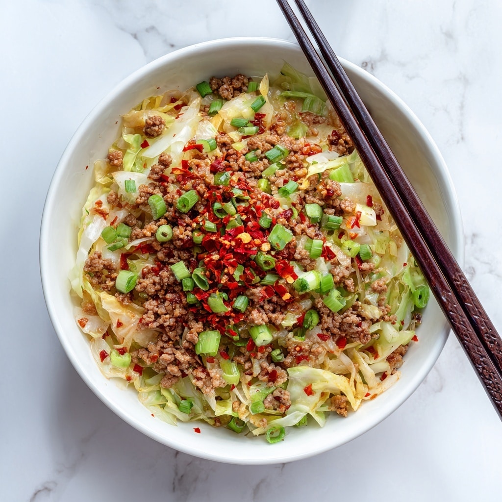 A close-up top view of a bowl with two chopsticks resting on its edge, filled with a colorful mix of cooked ground meat, cabbage pieces, chopped green onions, and small bits of red chili scattered throughout. The bowl is white with a brown rim, placed on a white marbled surface. The dish appears to have at least three main layers: a base of cooked cabbage in pale green and white shades, a generous layer of browned ground meat mixed with finely chopped vegetables, and a topping of vibrant green onions and red chili flakes for color and texture. Photo taken with an iphone --ar 4:5 --v 7