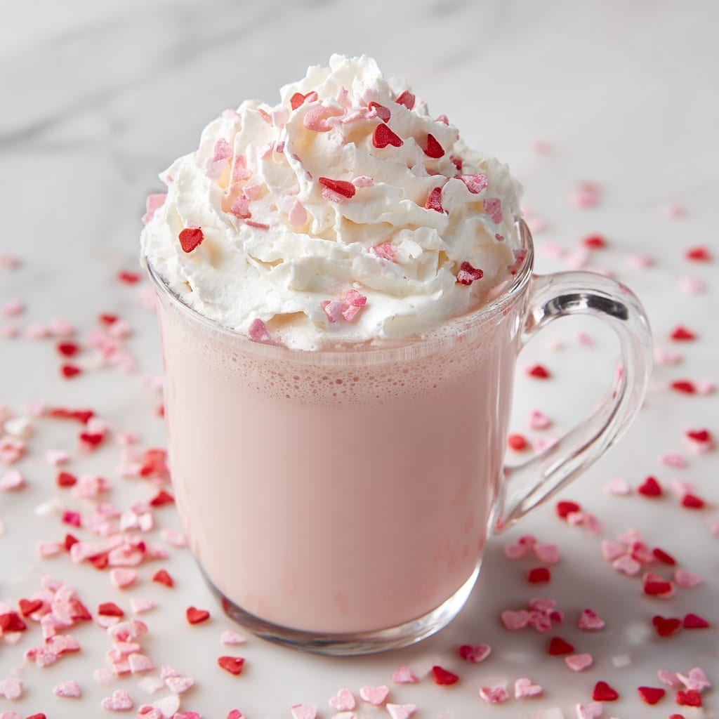 A clear glass cup with a handle holds a pink creamy drink filling about three-quarters of the cup; on top, there is a thick layer of white whipped cream with small red and pink heart-shaped sprinkles scattered over it. The glass cup stands on a white marbled surface with more pink and red sprinkles around it, and there are two similar glass cups blurred in the background. photo taken with an iphone --ar 4:5 --v 7