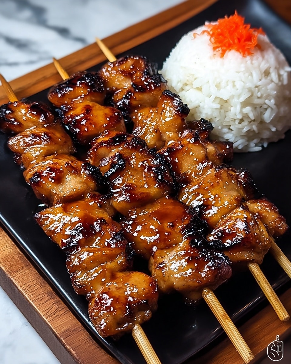 The image shows five wooden skewers lined up on a white rectangular plate, each holding several glossy, golden-brown grilled chicken pieces with slight char marks and a shiny glaze of sauce. Behind the skewers, there is a mound of white rice with a small garnish of a thin orange carrot slice cut into a flower shape placed at the top edge of the rice. The plate is placed on a wooden board with a white marbled textured surface underneath. photo taken with an iphone --ar 4:5 --v 7