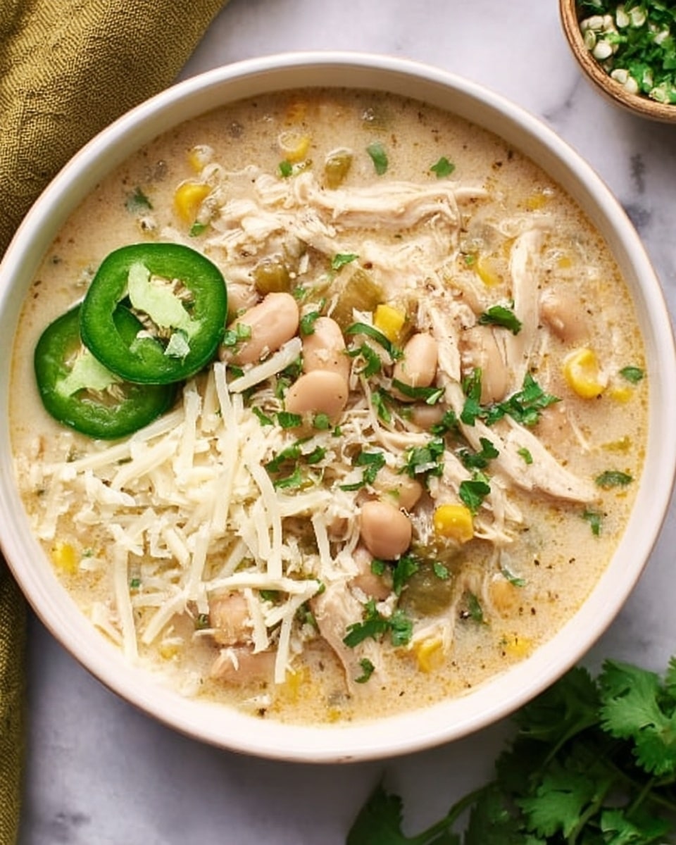 The image shows a white bowl filled with creamy white soup that has shredded chicken, light brown beans, and small pieces of yellow corn, mixed throughout. On top, there are a few green jalapeño slices on the left side along with a sprinkle of chopped green herbs and some white shredded cheese scattered over the surface. The bowl sits on a white marbled texture, with a lime wedge and a white bowl with more jalapeños nearby, giving the scene a fresh and inviting look. photo taken with an iphone --ar 4:5 --v 7