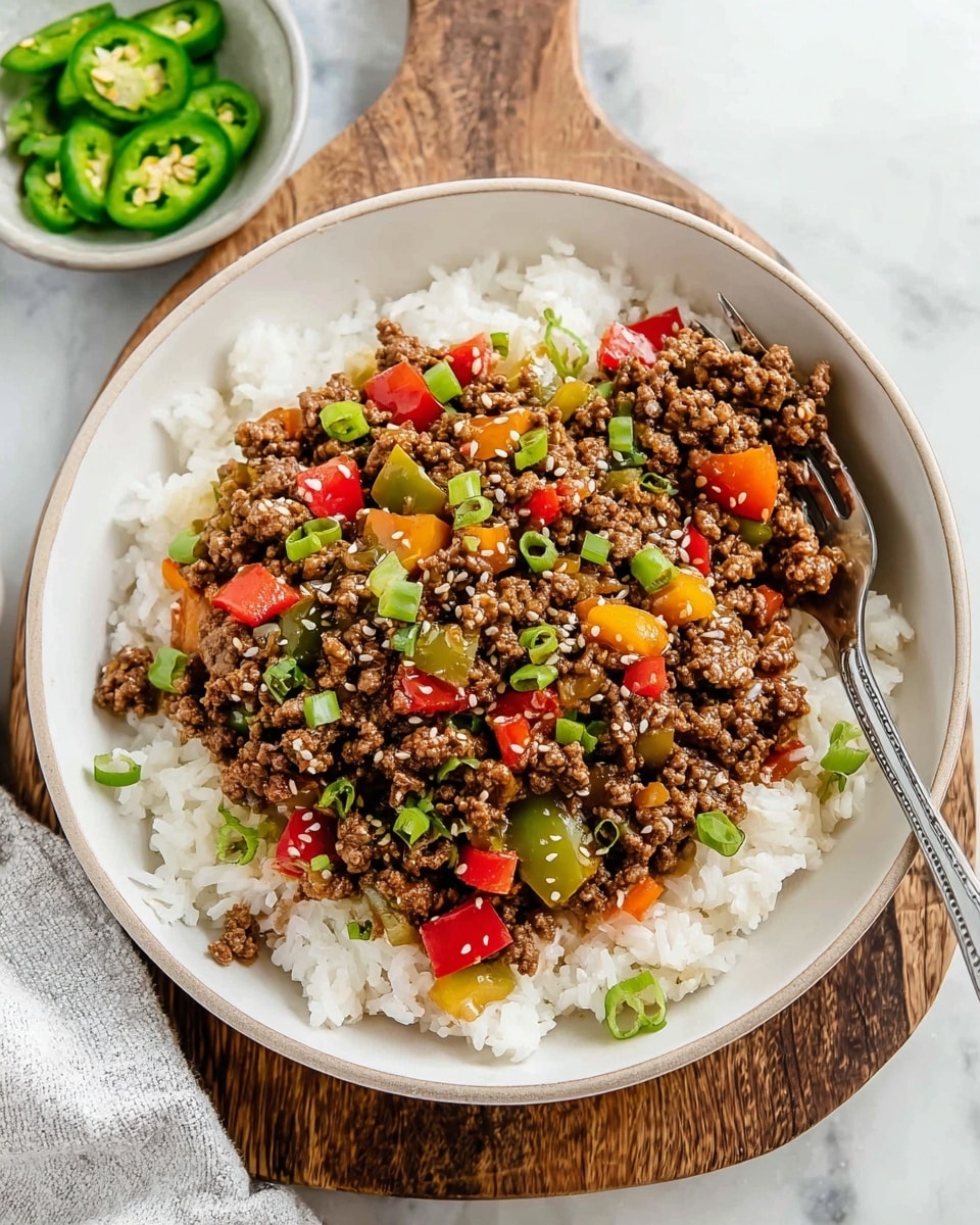 A bowl with two main layers: the bottom layer is white rice, fluffy and spread evenly covering the whole bowl, while the top layer is a mix of cooked ground beef with yellow, red, and green bell pepper pieces, topped with small green onion slices and sesame seeds scattered on top. A fork is placed inside the bowl, partially resting on the rice and beef mix. The bowl is on a wooden board, with a small bowl of chopped green onions nearby, all set on a white marbled surface. Photo taken with an iphone --ar 4:5 --v 7