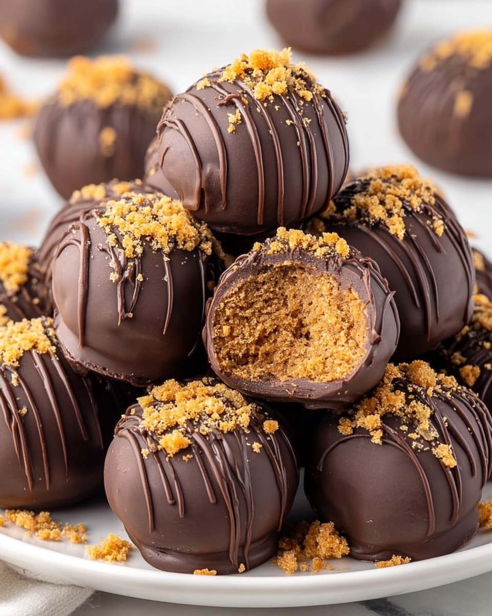 A pile of round chocolate truffles is stacked on a white plate set on a white marbled surface. Each truffle has a smooth, shiny dark chocolate outer layer with fine, darker chocolate drizzles on top, creating thin decorative lines. The truffles are topped with small light brown cookie or biscuit crumbs scattered evenly. One truffle in the middle is cut open to show its inside, revealing a thick, dense filling with a crumbly texture in a golden brown color with bits of dark chocolate mixed in. Photo taken with an iphone --ar 4:5 --v 7
