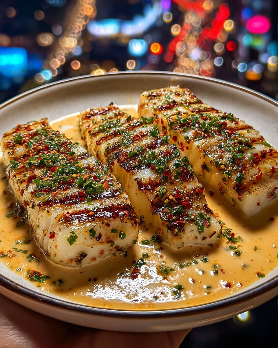 Three pieces of grilled white fish fillets are placed side by side on a shallow white bowl filled with pale orange spicy sauce. Each fillet has a golden-brown char with dark grill marks and is sprinkled with small green herb flakes and reddish seasoning. The fish shows flaky texture in its soft white interior. A woman's hand holds the bowl gently from the side, all against a blurred cityscape with glowing lights in the background. The dish sits on a white marbled surface. photo taken with an iphone --ar 4:5 --v 7