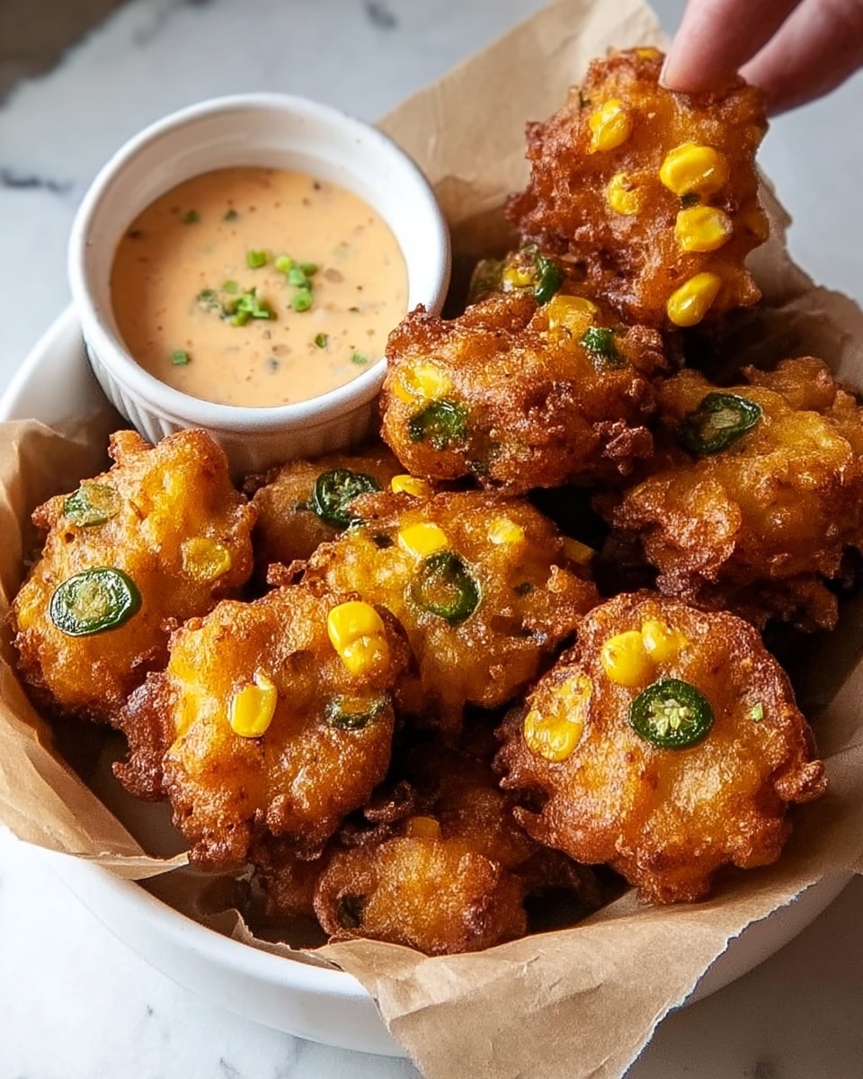 The image shows a white bowl filled with crispy golden-brown fritters that have pieces of bright yellow corn and sliced green jalapeños visible in each piece. The fritters have a rough, crunchy texture with some jagged edges and a deep brown fried color. Next to the bowl is a small white container with a creamy light orange dipping sauce speckled with green and red herbs. A woman's hand is reaching toward the bowl, suggesting the act of picking a fritter. The whole scene is set on a white marbled surface lined with light brown parchment paper underneath the bowl and sauce container. Photo taken with an iphone --ar 4:5 --v 7
