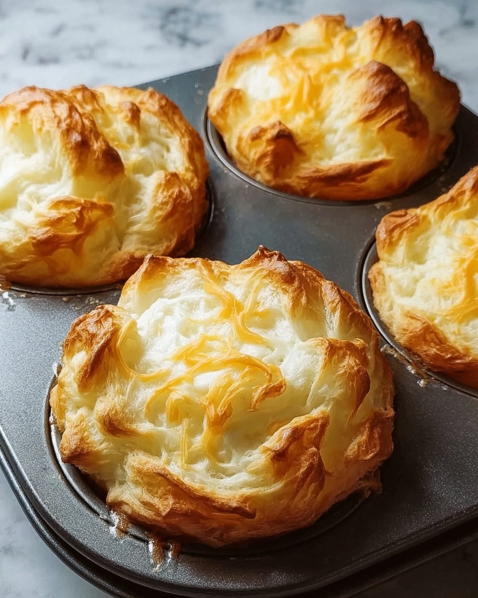 Four golden brown baked puffs sit in a metal muffin tray, each with a crispy, flaky outer layer with uneven peaks and light browning on the edges. The tops reveal a white, fluffy inside, with melted yellow cheese scattered softly on top and throughout the puffs, creating a mix of creamy and crispy textures. The muffin tray is dark and slightly shiny, showing some baked-on marks from previous use. The background is replaced with a white marbled texture. photo taken with an iphone --ar 4:5 --v 7