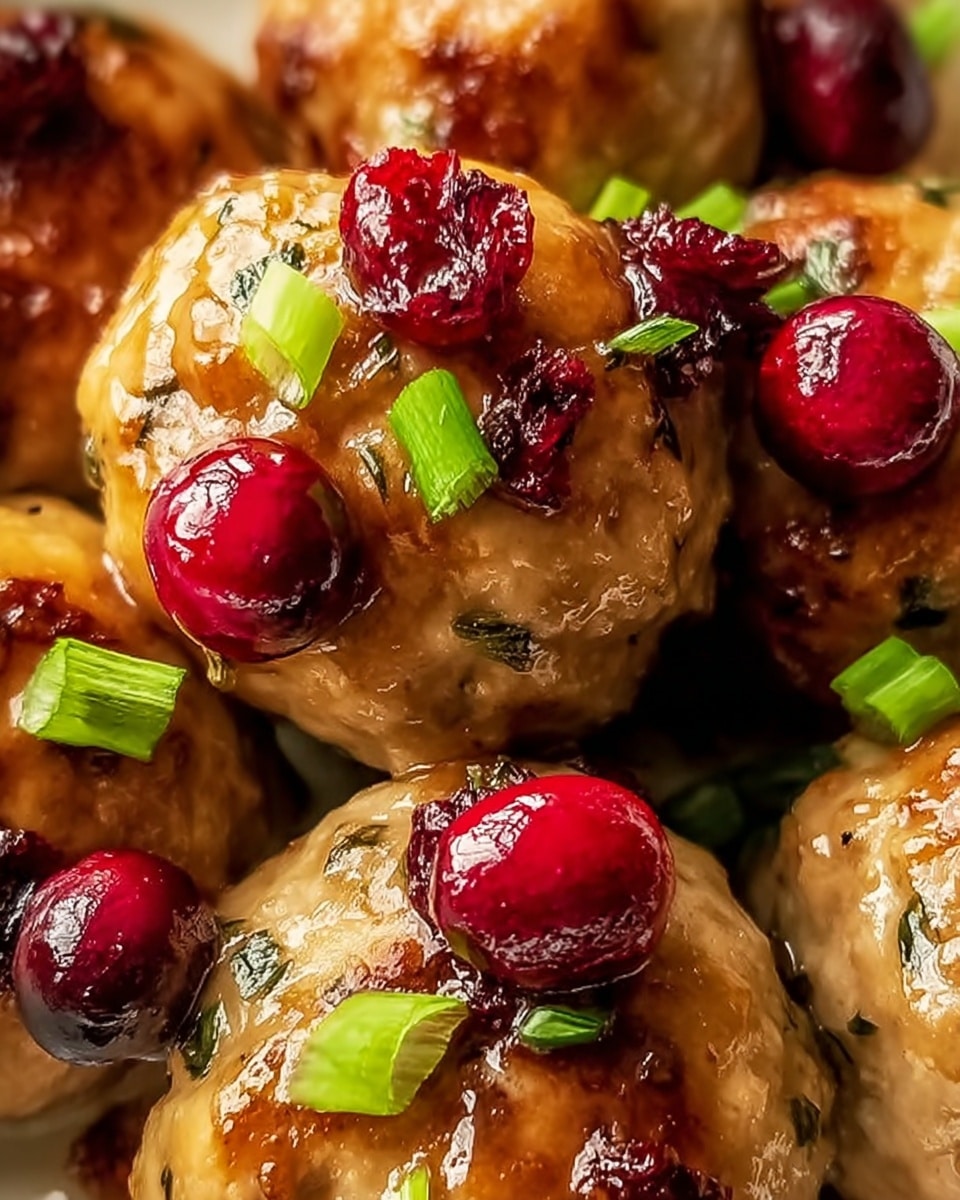 This is a close-up of shiny, glazed meatballs with three visible layers: the meatballs themselves are light brown with a smooth, slightly bumpy texture and small green herbs mixed in; scattered on top are bright red, glossy cranberries adding spots of rich color; and on the very top, small chopped green scallions provide a fresh contrast in color and texture. The dish is shown on a white marbled surface, giving a clean and elegant look. photo taken with an iphone --ar 4:5 --v 7