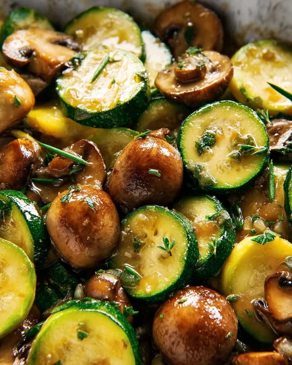 The image shows a close-up of cooked zucchini and mushrooms mixed together. The zucchini is sliced into thick rounds with bright green skin and soft yellow inside. The mushrooms are whole or halved, with a brown, glossy surface from cooking. Small green herb leaves are scattered on top, adding a fresh touch. The vegetables look shiny and slightly wet with sauce, showing a rich texture from being sautéed. The dish is set against a white marbled background. photo taken with an iphone --ar 4:5 --v 7