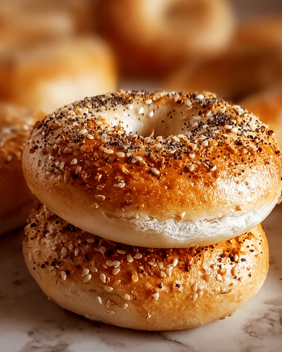 Close-up of two stacked bagels showing a golden brown crust sprinkled with white and black sesame seeds, along with coarse salt. The bagels have a shiny, slightly smooth surface with visible soft, airy texture on the sides. In the background, the edges of more bagels can be seen resting on a white marbled texture. photo taken with an iphone --ar 4:5 --v 7