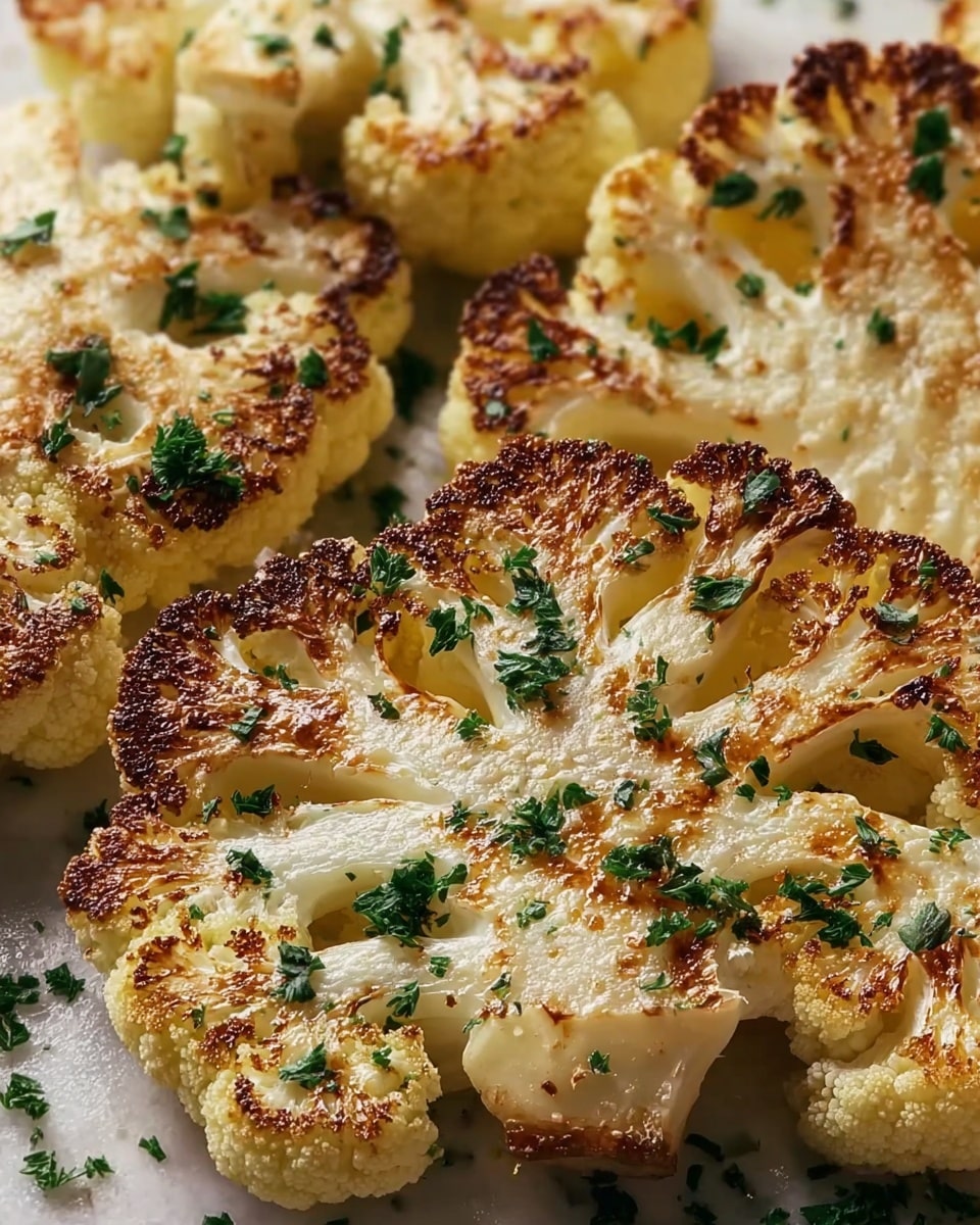 The image shows several thick slices of cauliflower roasted to a golden brown with slightly charred edges, giving a crispy texture on top. Each cauliflower slice has an off-white base with caramelized browning covering the surface, and is sprinkled evenly with small bits of fresh green herbs. The slices are closely placed next to each other, highlighting the contrast between the crispy brown tops and the soft white inner parts, all resting on a pan or flat surface with glistening oil droplets visible. photo taken with an iphone --ar 4:5 --v 7