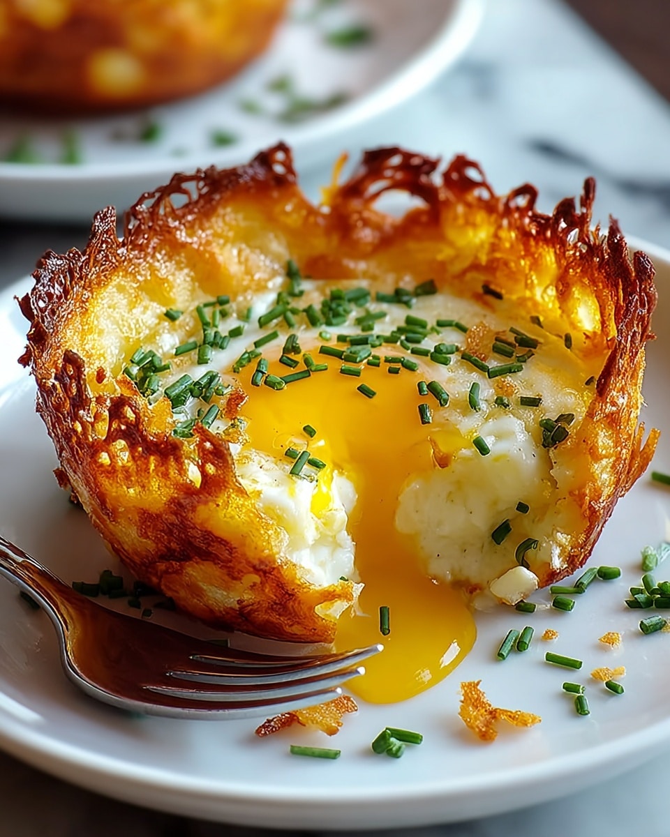 A golden brown crispy outer layer shaped like a cup with lacy edges holds a soft, fluffy white inside with a runny, bright yellow yolk in the center. The top and sides are sprinkled with small green chive pieces and some bits are scattered on the white plate beneath. The dish sits on a white marbled surface with a fork resting beside it. Photo taken with an iphone --ar 4:5 --v 7