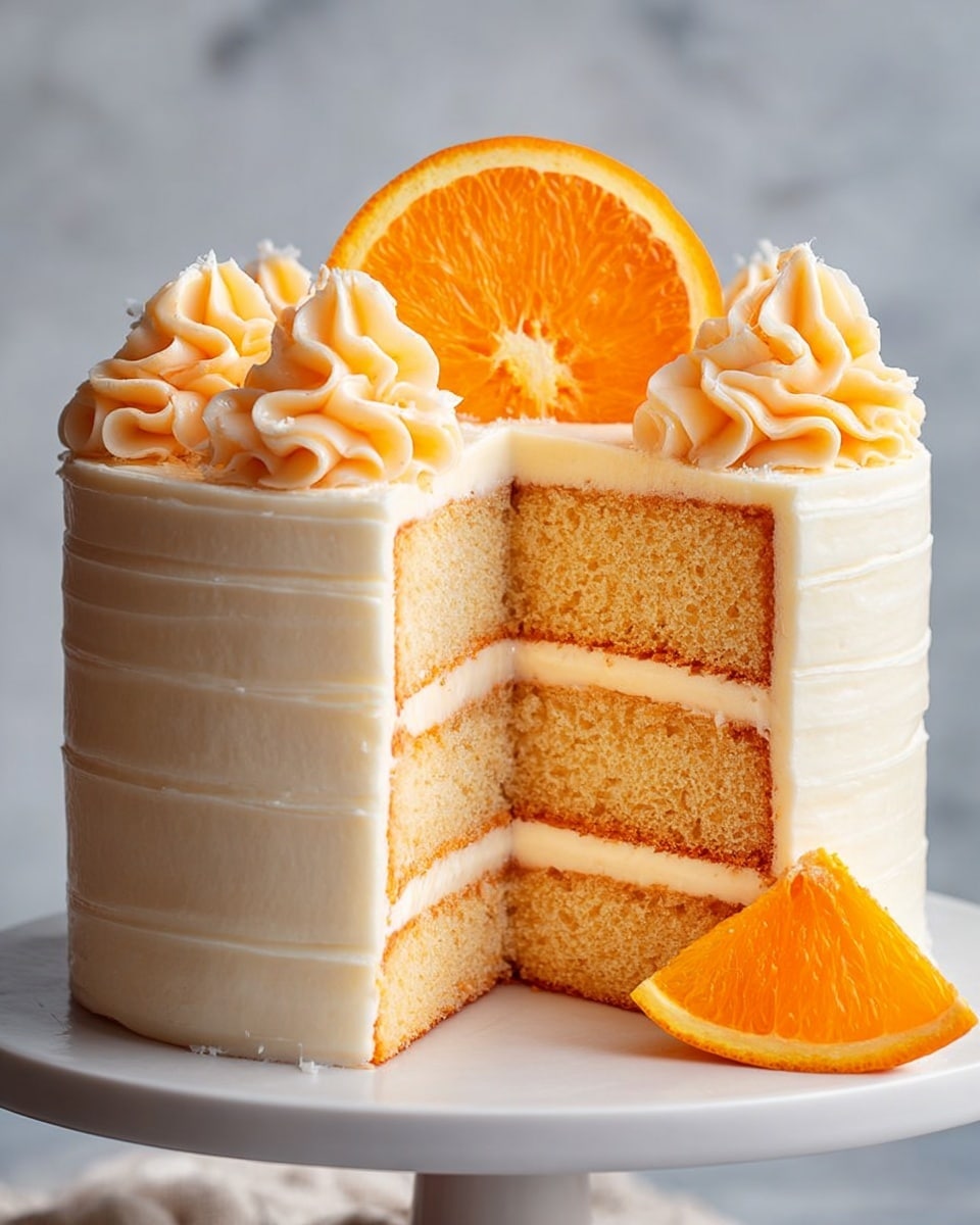 The image shows a three-layer orange cake on a white cake stand with a white marbled texture in the background. Each layer is light golden brown and separated by smooth, white frosting. The outside is covered in the same white frosting, with a neat, slightly ridged texture on the sides. The top is decorated with five swirls of creamy orange-tinted frosting and a half slice of bright orange fruit stands upright on the top, while a smaller triangular orange slice rests at the base of the cake. Photo taken with an iphone --ar 4:5 --v 7