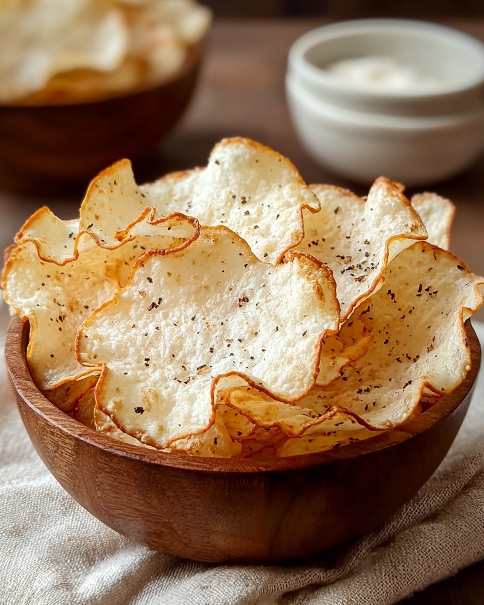 A white bowl filled with thin, golden-brown crispy chips. Each chip has curled, uneven edges with a slightly bubbled surface texture. The chips are lightly sprinkled with black pepper and small white salt grains. The bowl sits on a white marbled texture surface, with a blurred window in the background giving warm, natural light. photo taken with an iphone --ar 4:5 --v 7