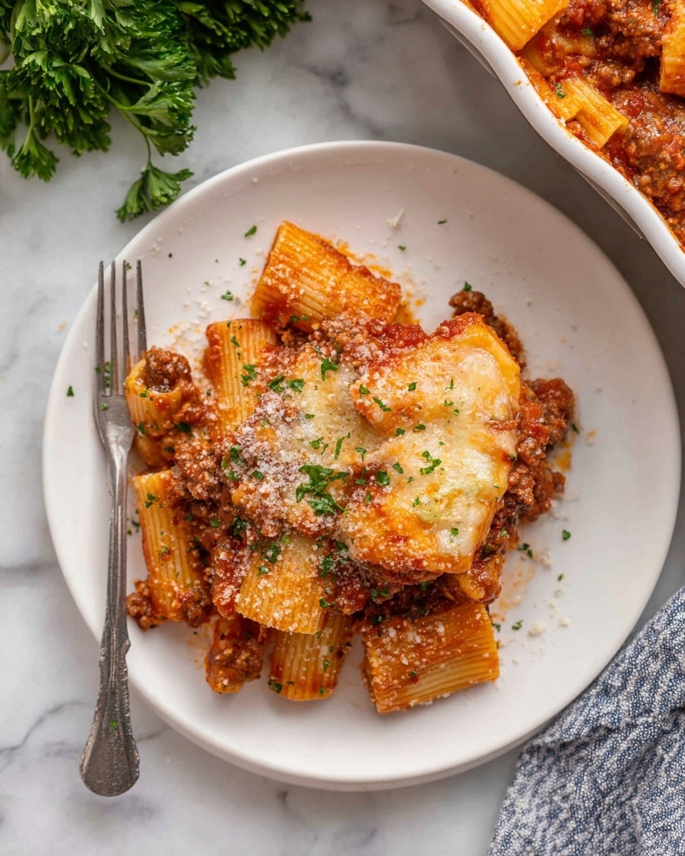 The dish shows a single layer of rigatoni pasta covered with a rich, chunky red tomato sauce mixed with browned ground meat. On top, there is a thick layer of melted golden-brown cheese that is slightly crispy at the edges, sprinkled with small bits of green parsley and grated cheese. The rigatoni is large and ridged, with some pieces partially covered by the sauce and cheese, giving a textured look. The plate is white and round, placed on a white marbled surface, with a silver fork resting on the left side of the plate. In the corner, part of a white baking dish with more pasta and sauce is visible alongside a bunch of green parsley. Photo taken with an iphone --ar 4:5 --v 7