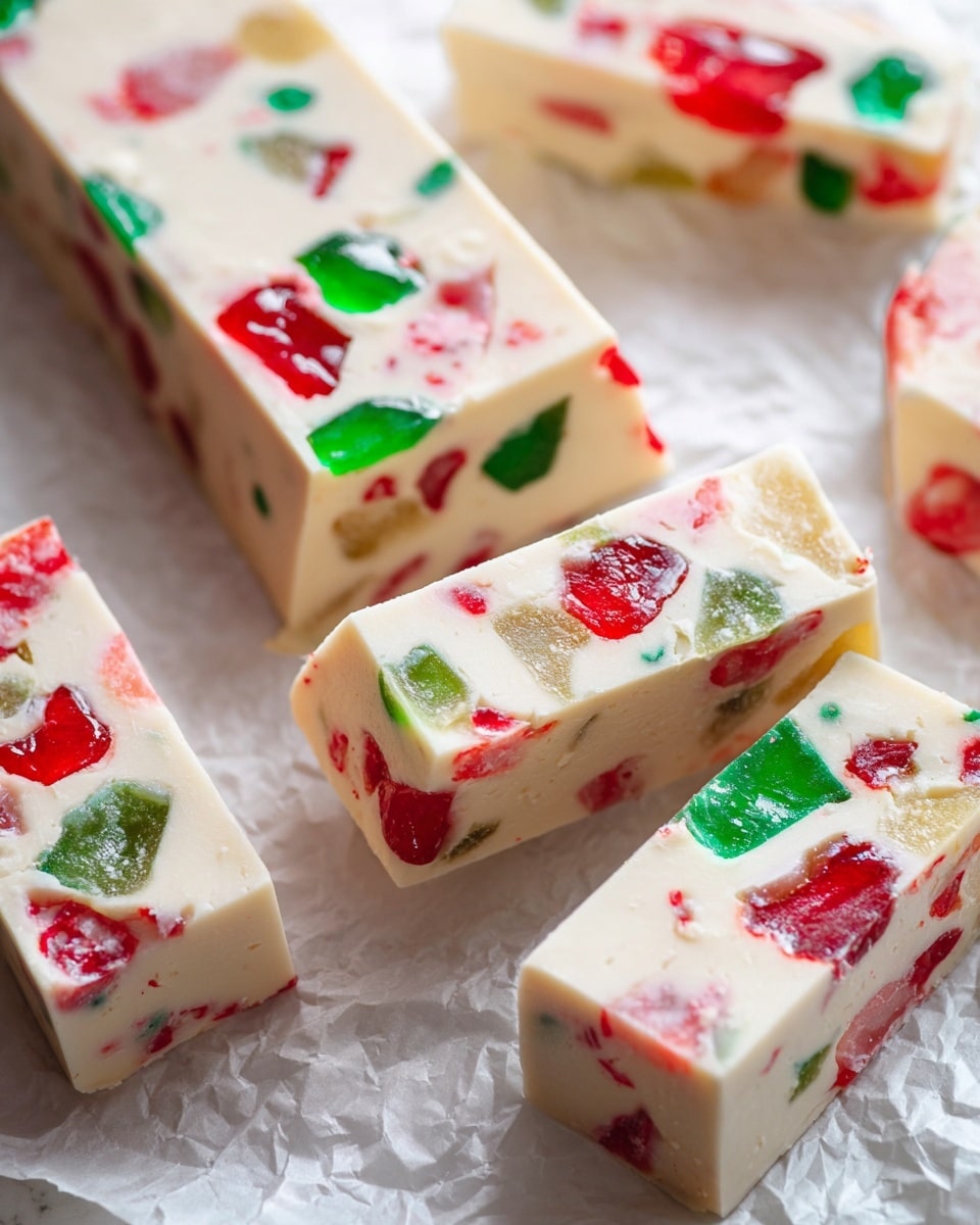 The image shows several rectangular pieces of white fudge with embedded red and green jelly-like chunks. Each piece has a smooth creamy white base with vibrant red and green patches spread throughout, giving a colorful and festive look. The fudge bars are placed on a crinkled white parchment paper that rests on a soft white marbled surface. The texture of the fudge looks smooth and slightly soft, with the jelly pieces providing a shiny, translucent contrast. photo taken with an iphone --ar 4:5 --v 7