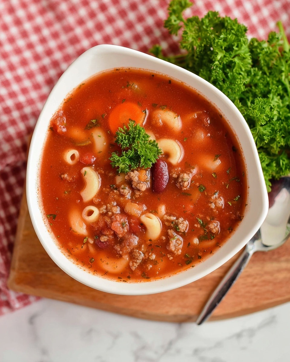 A close-up view of a white bowl filled with thick minestrone soup, showing about six visible layers of ingredients. The base layer is a rich red tomato broth with a slightly chunky texture. Floating on top are reddish kidney beans mixed with small bits of brown cooked ground meat and translucent white onion pieces. Bright orange carrot slices and pale yellow small pasta shells are scattered throughout. A small green parsley leaf garnish sits in the center on top. The bowl is placed on a round wooden board with a blurred green leafy herb and a white marbled texture background. Photo taken with an iphone --ar 4:5 --v 7