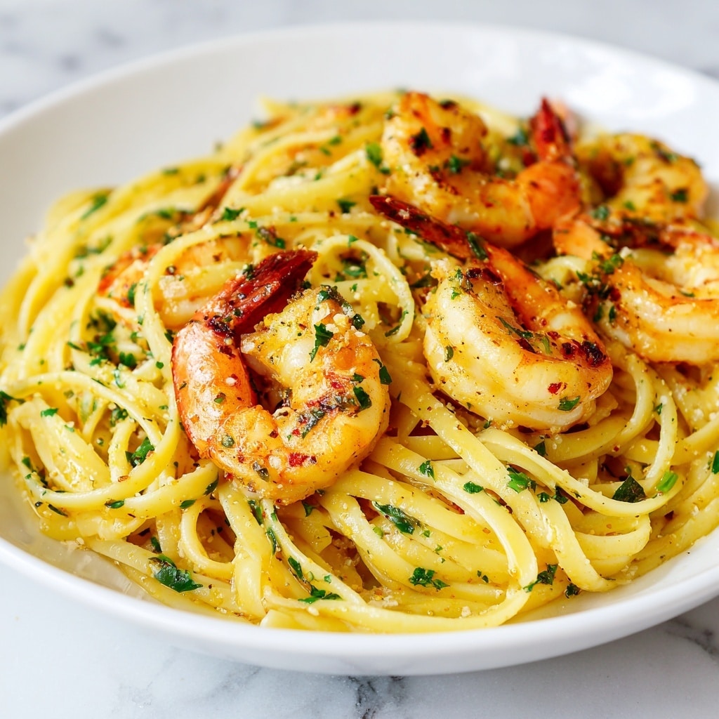 The image shows a white plate with a round raised edge and small decorative dots, filled with a serving of yellow pasta strands that are loosely piled, creating a textured base layer. On top, there are six large shrimp with a cooked pink and white color, some with visible orange tails, scattered evenly and partly nestled among the pasta. Bright green parsley flakes are sprinkled throughout, adding contrast and freshness on the pasta and shrimp. The pasta also has a light sheen, suggesting an oil or butter sauce, with small pieces of translucent cooked onion visible among the strands. The whole dish is bright and inviting, resting on a white marbled surface. photo taken with an iphone --ar 4:5 --v 7
