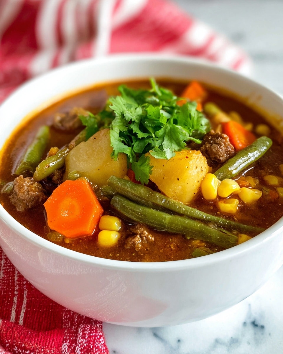 A white bowl with two handles is filled with a thick soup showing three main layers: the bottom layer is a light brown broth, the middle layer contains chunks of light yellow potatoes and bright orange carrot slices, and the top layer includes pieces of green beans, light yellow corn kernels, and browned ground meat bits, all topped with a small bunch of fresh green cilantro leaves in the center. It is placed on a surface with a white marbled texture. photo taken with an iphone --ar 4:5 --v 7
