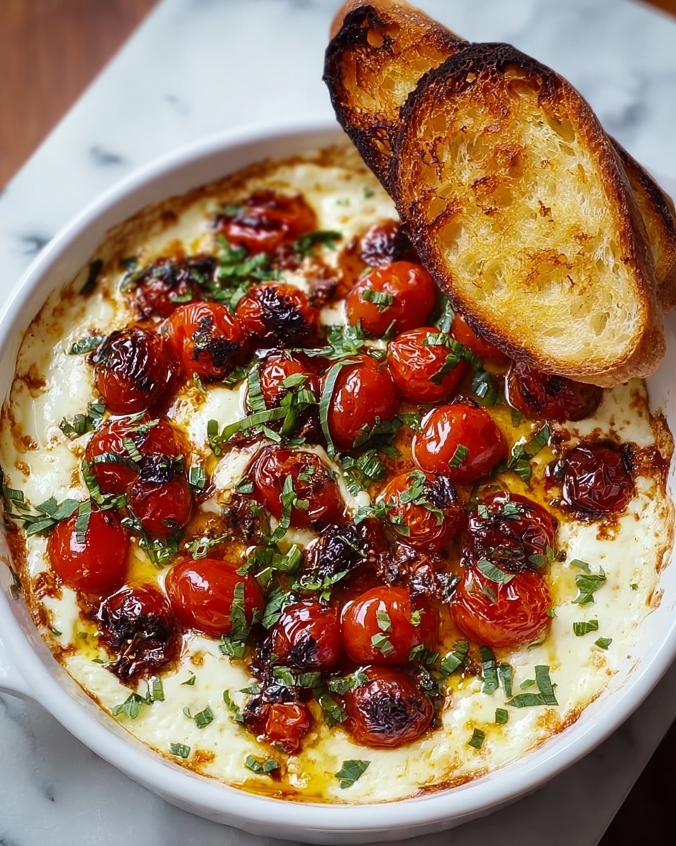 A white oval dish holds a baked dip with a creamy white base layer topped with roasted cherry tomatoes that are bright red with some charred blackened spots, giving a mix of smooth and slightly crisp textures. Scattered fresh green herb leaves add a fresh contrast on top. Two slices of toasted bread, golden brown and crispy, rest on the edge of the dish. The dish is set on a white marbled surface. photo taken with an iphone --ar 4:5 --v 7