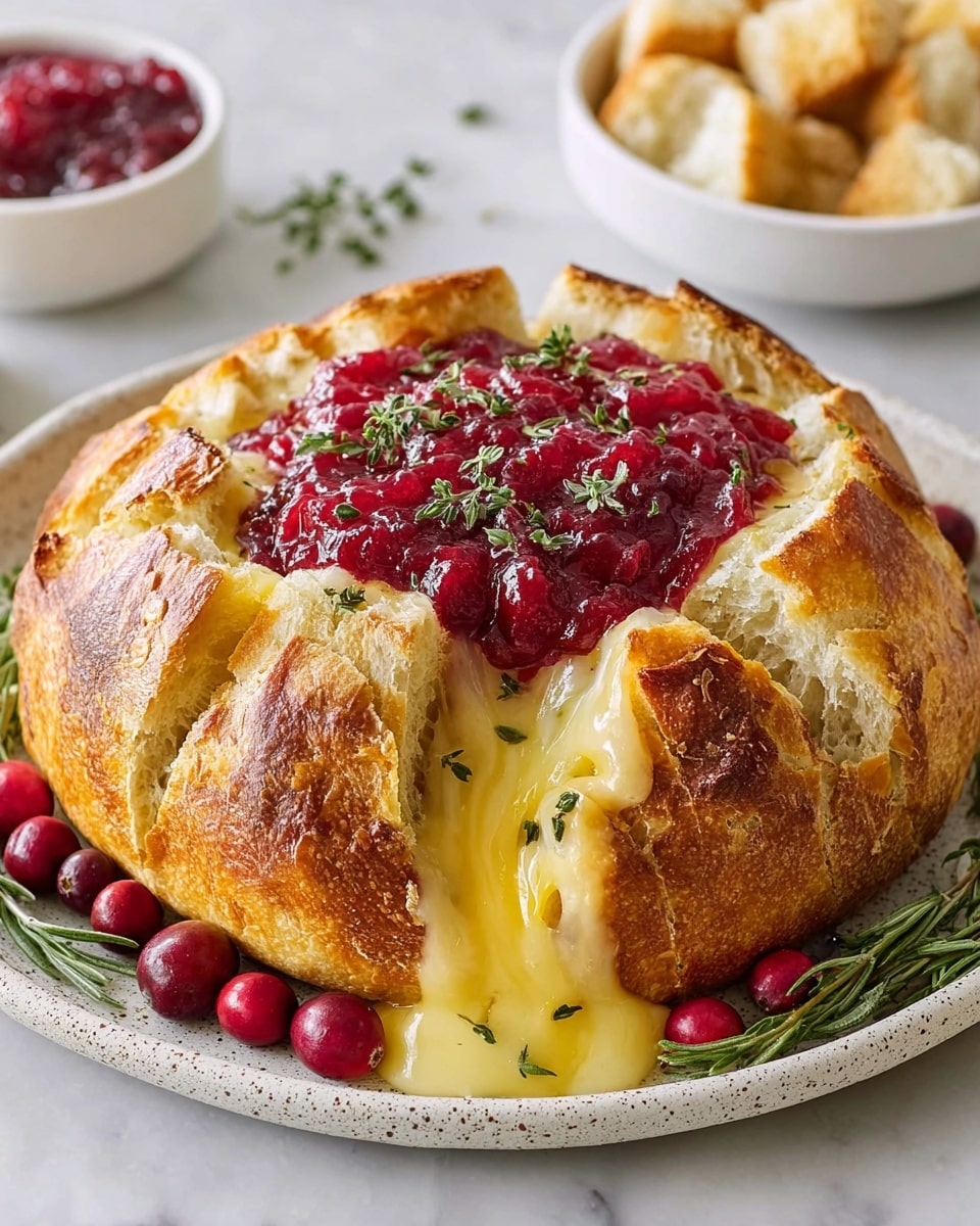 The image shows a round bread bowl with a crispy golden-brown crust that is split open at the top into four sections, revealing melted creamy cheese inside that is oozing out slightly. On top of the melted cheese, there is a thick layer of chunky, deep red cranberry sauce. Fresh green thyme sprigs are scattered on top of the cranberry sauce for decoration. The bread bowl rests on a wooden round board, and in the background, there is a white bowl filled with more cranberry sauce, along with a few pieces of torn bread on a white marbled surface. Photo taken with an iphone --ar 4:5 --v 7