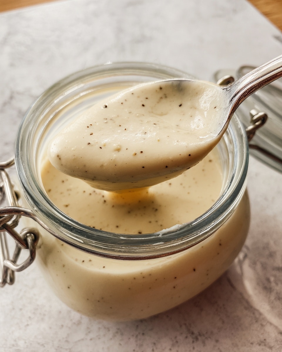A close-up view of a creamy, light beige sauce with small black and brown specks throughout, shown in a clear glass jar with metal clasps on the side. A silver spoon is lifting a smooth, thick spoonful of the sauce from the jar, highlighting its velvety texture. The jar sits on a surface with a white marbled texture, with soft natural lighting adding a warm tone to the scene. photo taken with an iphone --ar 4:5 --v 7