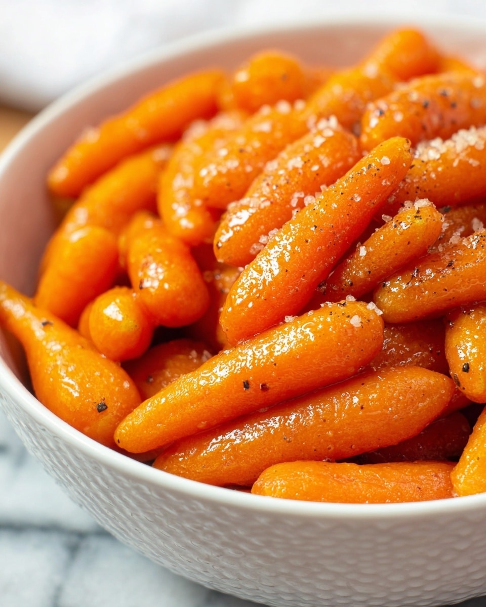 A close-up view of a white bowl filled with bright orange cooked baby carrots, each carrot coated with a shiny glaze that looks slightly sticky, giving them a glossy texture. The carrots are sprinkled unevenly with small brown specks of seasoning and sugar crystals, which add subtle rough texture on the surface. The bowl has a subtle vertical ribbed pattern on its outside and is set against a soft, blurred white marbled background. The carrots fill the bowl fully, piled in a way that shows their smooth, curved shapes from different angles. photo taken with an iphone --ar 4:5 --v 7