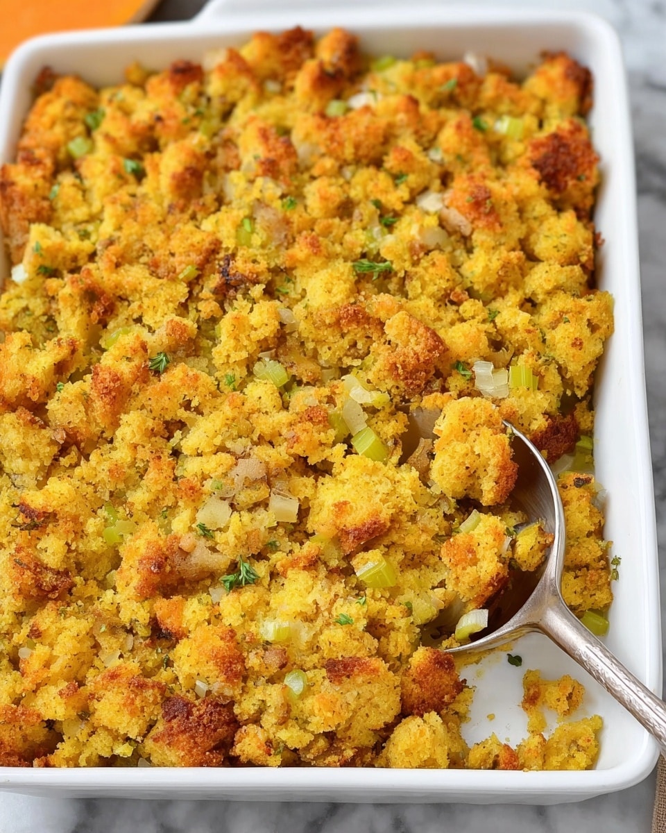 A close-up image of a golden-yellow baked dish filling a white rectangular casserole dish, with a slightly crispy top layer showing some browned and darker golden patches. The texture of the top layer is crumbly and uneven, suggesting a mixture of finely chopped vegetables and soft bread crumbs or cornbread. Small green bits, likely celery or herbs, are scattered throughout the dish. A silver serving spoon is partially inserted into the right side of the dish, slightly disturbing the surface. The background shows a white marbled texture. Photo taken with an iphone --ar 4:5 --v 7