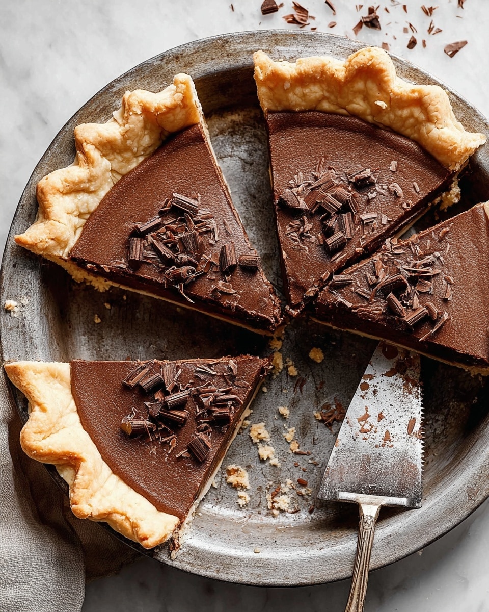 A deep pie with three slices cut out, showing a smooth, rich, dark chocolate filling topped with small dark chocolate curls scattered across the surface; the crust is golden and flaky with crimped edges that rise around the pie, all placed in a round, worn metal pie pan sitting on a white marbled texture. A serrated knife with chocolate smeared on its blade lies inside the pan near the slices. photo taken with an iphone --ar 4:5 --v 7