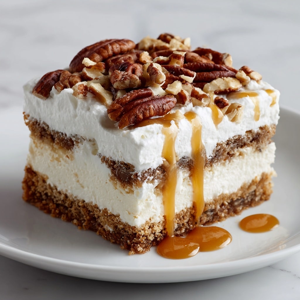 The image shows a square slice of dessert with four clear layers on a white plate placed on a white marbled surface. The bottom and third layers are crumbly and brown, resembling a cookie or graham cracker crust. The second layer is smooth and white, looking like whipped cream or a creamy filling. The fourth layer on top is thick, fluffy white cream. On top of everything, there is a drizzle of golden caramel sauce and a generous topping of whole and halved pecans, adding a rich brown color and crunchy texture. Photo taken with an iphone --ar 4:5 --v 7