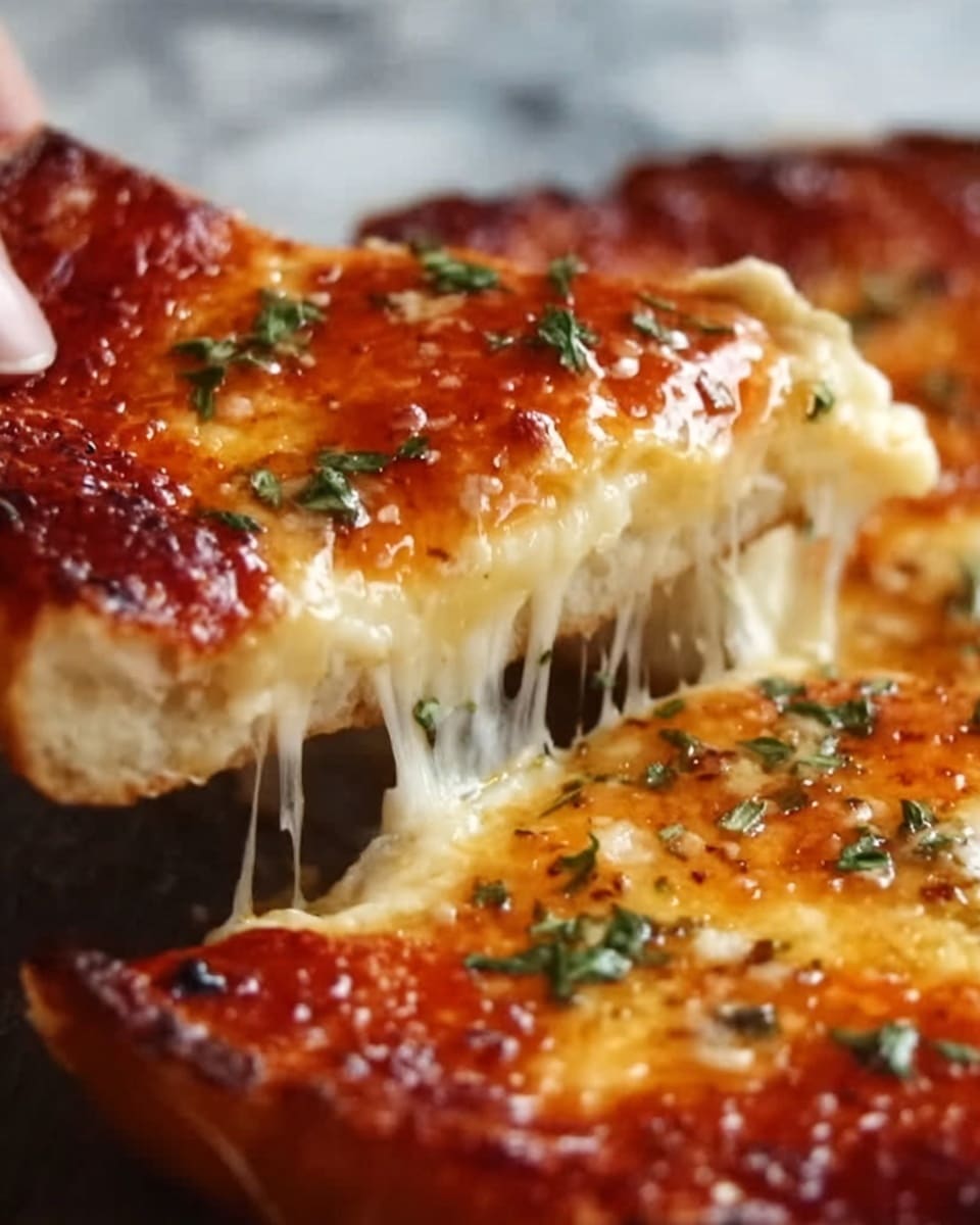 The image shows a close-up of a cheesy pizza slice being lifted from the rest of the pizza. The pizza has a golden-brown crust with a thick layer of melted mozzarella cheese that looks stretchy and gooey as the slice is pulled away. Under the cheese, there is a bright red tomato sauce spread evenly and sprinkled with herbs. The pizza surface has some browned spots from baking, adding texture. A woman's hand is seen lifting the slice, showing the gooey cheese stretching back to the pizza. The pizza is on a white plate placed on a white marbled texture surface. Photo taken with an iphone --ar 4:5 --v 7