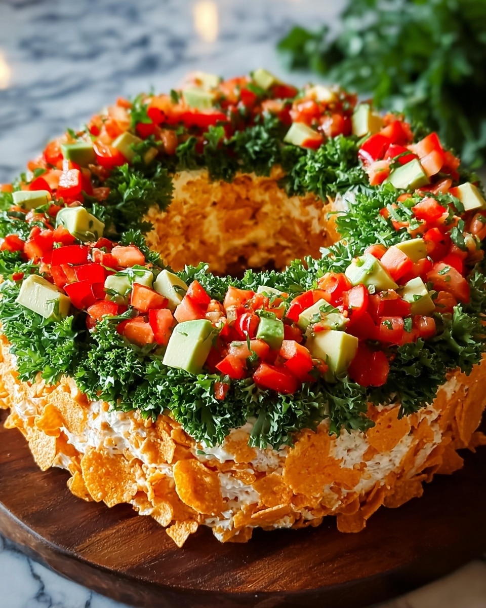 A festive salad wreath is shown, with three visible layers. The bottom layer is creamy with a rough texture, covered in crushed crackers or chips giving it an uneven orange and white look. The middle layer is a dense ring of fresh green parsley leaves, adding a fluffy and leafy texture. The top layer is scattered with diced red tomatoes, red bell peppers, and small cubes of light green avocado, adding bright, fresh colors. The wreath sits on a dark wooden cutting board, and the background is a white marbled texture. photo taken with an iphone --ar 4:5 --v 7