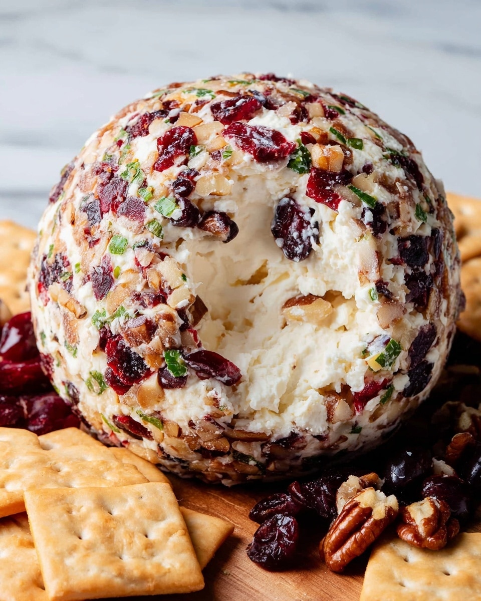 The image shows a round cheese ball with three visible layers: the outer layer is mixed with red dried cranberries, chopped brown nuts, and small green herb pieces, giving it a textured and colorful appearance. The inside layer is creamy white cheese, visible where a scoop has been taken out. Pieces of the cheese ball are placed on top of square, light brown crackers around it. The whole dish is set against a white marbled surface. Photo taken with an iphone --ar 4:5 --v 7