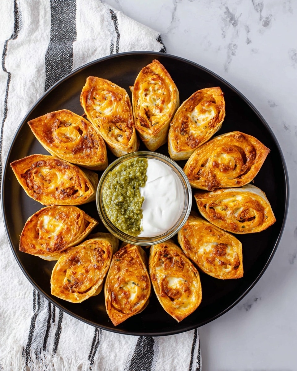 A round black plate holds twelve golden-brown rolled tortillas arranged like flower petals. Each tortilla is tightly rolled and baked to a crispy texture, showing a swirled filling of creamy orange and white cheese inside. In the center of the plate is a small clear glass bowl divided into two parts: one side has a chunky green pesto sauce, and the other side holds smooth white sour cream. The plate is set on a white marbled surface with a white cloth featuring black stripes partially visible in the top corner. photo taken with an iphone --ar 4:5 --v 7