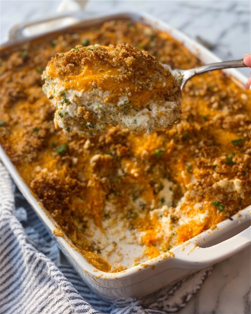 The image shows a close-up of a white rectangular baking dish on a white marbled surface, filled with a layered casserole. The casserole has a golden brown, slightly crispy top layer with melted cheese sprinkled with green herbs. A scoop is being lifted by a woman's hand, showing creamy, mixed layers inside with a mix of white sauce and chunks of orange sweet potatoes or squash. The edges of the dish reveal a thick, bubbly, cheesy base. Photo taken with an iphone --ar 4:5 --v 7