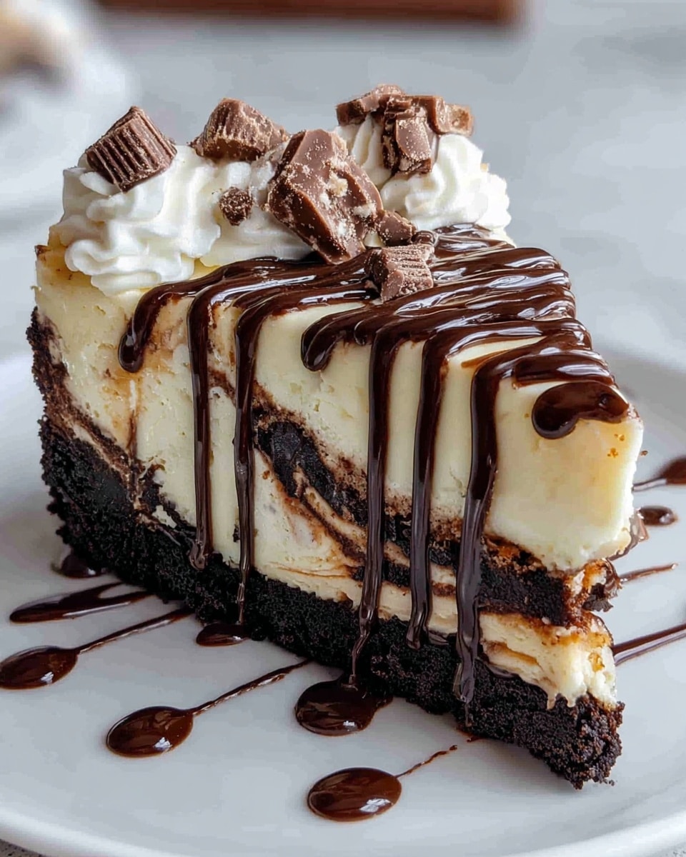A slice of layered chocolate and cream dessert on a white plate, featuring a dark chocolate cookie crust at the bottom, followed by a thick creamy white layer with chocolate chunks inside, then another thin layer of chocolate cake, topped with a smooth creamy white layer. The dessert is drizzled generously with dark chocolate sauce in diagonal lines across the top, with some chocolate sauce dripping down the sides. The plate rests on a white marbled textured surface. Photo taken with an iphone --ar 4:5 --v 7