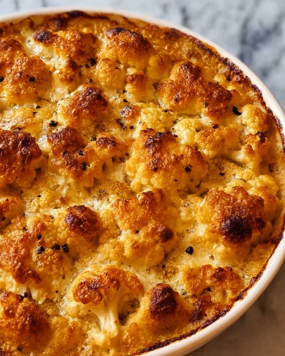 A close-up view of a baked cauliflower casserole in a round white dish, showing multiple golden-brown cauliflower florets as the top layer, with a slightly crispy and browned cheese crust sprinkled with small bits of black seasoning. The cauliflower pieces are irregular in shape and tightly packed, coated with a creamy sauce that has bubbled and browned in the oven. The sides of the dish are visible, and the casserole fills the dish to the edge. The background surface is a white marbled texture. photo taken with an iphone --ar 4:5 --v 7