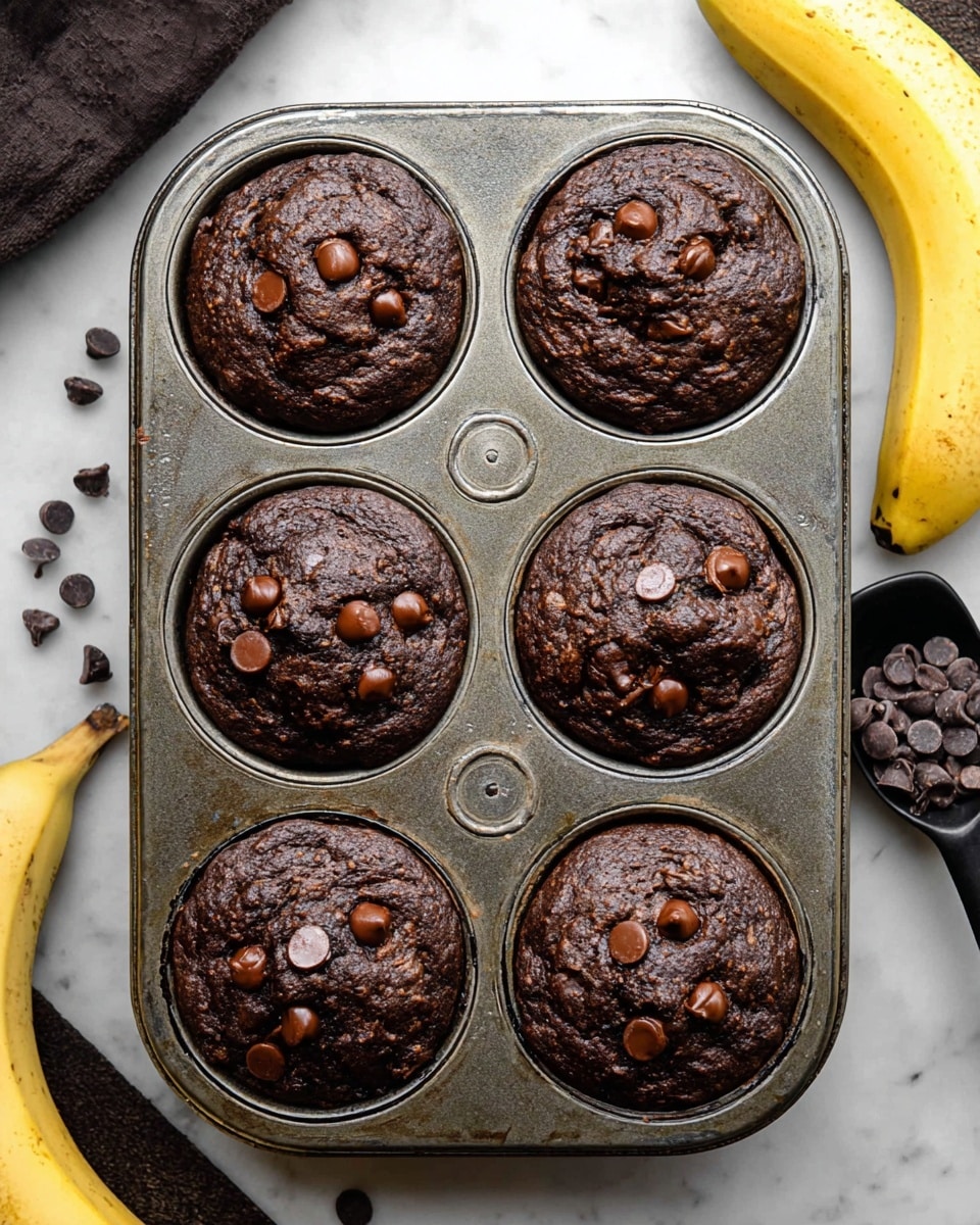 A close-up view of two chocolate muffins stacked, the bottom one whole with a slightly crinkled white paper cup liner showing dark brown rich texture, and the top one broken in half resting on it, revealing moist, dense dark chocolate crumb with melted chocolate chips inside. The muffins have a rough, slightly cracked surface with glossy chocolate spots. Scattered chocolate chips in front add detail, with a soft white marbled texture in the background and warm lighting highlighting the rich tones. photo taken with an iphone --ar 4:5 --v 7