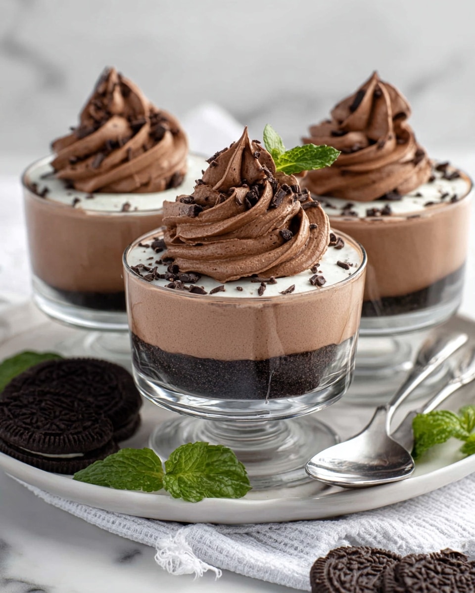 The image shows a small clear glass jar filled with three layers of dessert: the bottom layer is dark and crumbly, the middle layer is a light brown creamy mousse, and the top layer is a thick, whipped chocolate cream with a dusting of cocoa powder. A section of the top whipped layer is scooped out, revealing the smooth mousse underneath. The jar is placed on a white marbled surface with a silver spoon next to it, holding a small dollop of the same chocolate mousse. There is also a dark cookie with a green mint leaf nearby. Photo taken with an iphone --ar 4:5 --v 7