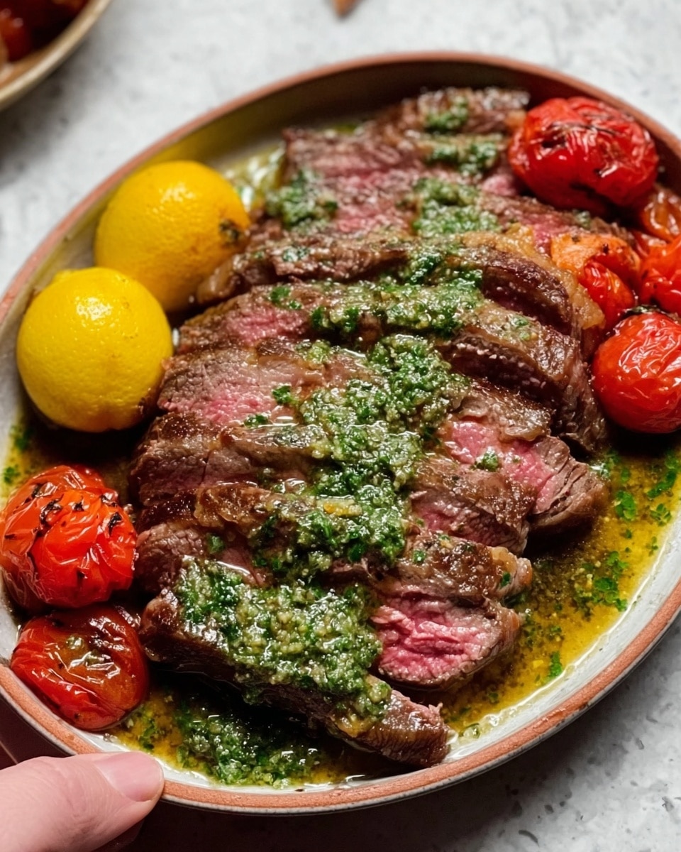 A close-up of sliced medium-rare steak arranged in a single thick layer in the center of a white plate, with a green herb sauce generously drizzled over the meat, adding a glossy texture and small green flecks throughout; on the left side, two bright yellow lemons sit intact, and on the right, three roasted cherry tomatoes with slightly wrinkled red skin form a neat cluster, all set against a white marbled textured background; a partial view of a woman's hand is visible near the edge of the plate. photo taken with an iphone --ar 4:5 --v 7