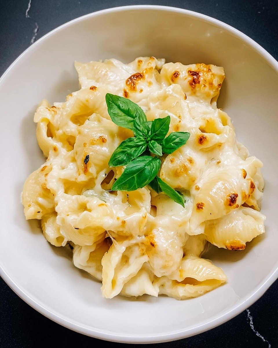 A curved white bowl holds one layer of pasta shells covered in creamy melted cheese with some golden browned spots. The cheese looks thick and smooth, wrapping around the pasta tightly and stretching slightly between the shells. On top, a small bunch of fresh green basil leaves adds a touch of color and freshness, placed slightly off-center. The bowl is set on a white marbled surface. photo taken with an iphone --ar 4:5 --v 7