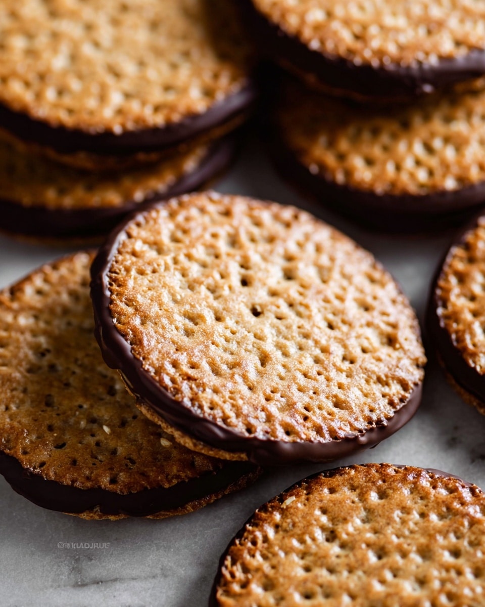 A stack of seven thin, round cookies with a lacy, golden-brown texture, each separated by a smooth layer of glossy milk chocolate filling. The cookies have a slightly crispy, uneven surface with small holes and a caramelized look. The chocolate layers are evenly spread between the cookies, slightly melting and visible at the edges. The stack is placed directly on a white marbled surface with a blurred soft grey background, showing the delicate and rich contrast between the warm cookie color and the shiny chocolate. Photo taken with an iphone --ar 4:5 --v 7