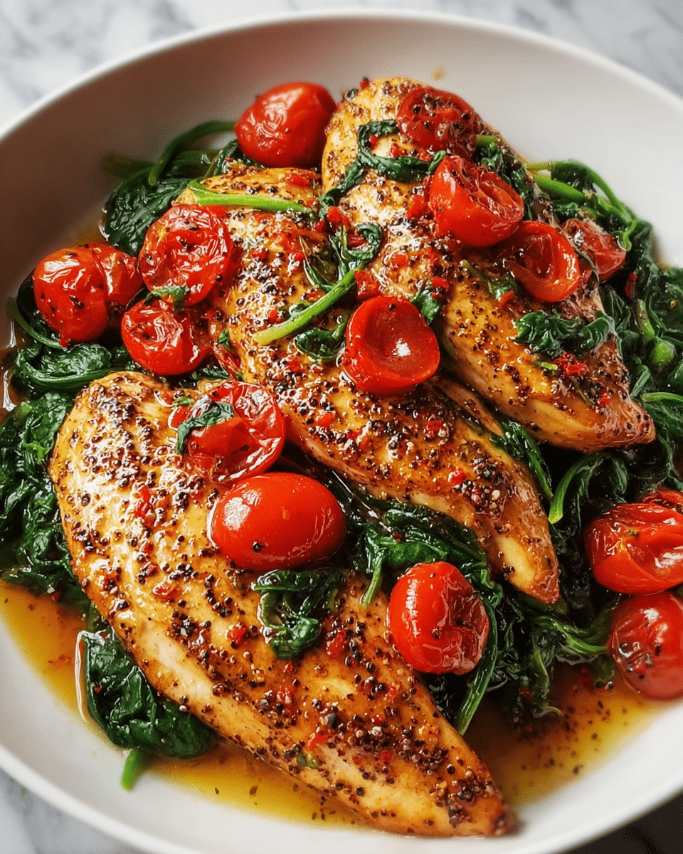 The image shows two thick chicken breasts with a golden brown, pepper-speckled crust as the top layer, glistening with a rich sauce. Beneath the chicken, there is a layer of cooked dark green spinach with a soft texture. Scattered on top and around the chicken are bright red cherry tomatoes, some whole and some sliced in half, adding a fresh and juicy look. The dish is presented in a deep white bowl, and the sauce pools around the spinach and chicken, reflecting light on the white marbled surface below. The colors are vibrant with a mix of warm brown, bright red, and deep green tones. photo taken with an iphone --ar 4:5 --v 7