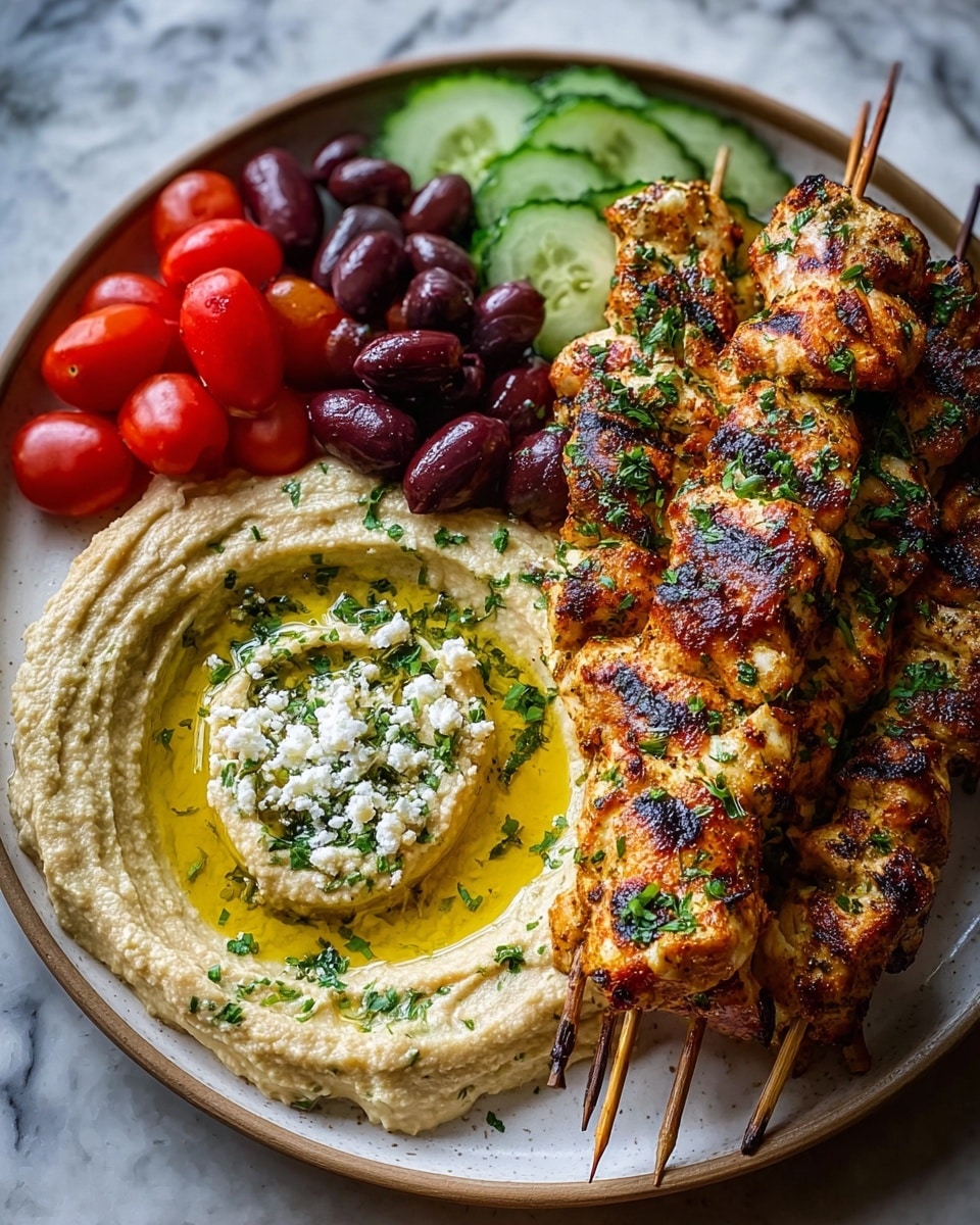 The dish shows a round plate with grilled chicken skewers on the right side, with a golden-brown, slightly charred texture and sprinkled with green herbs. To the left of the skewers is a creamy, beige hummus spread thickly with a swirl pattern, topped with a pool of golden olive oil and crumbled white cheese mixed with green herbs in the center. Above the hummus are three groups of fresh vegetables and olives: bright red cherry tomatoes on the bottom left, dark purple olives clustered in the middle, and thinly sliced light green cucumber arranged in a neat row at the top. The plate sits on a wooden table with a visible grain texture. Photo taken with an iphone --ar 4:5 --v 7