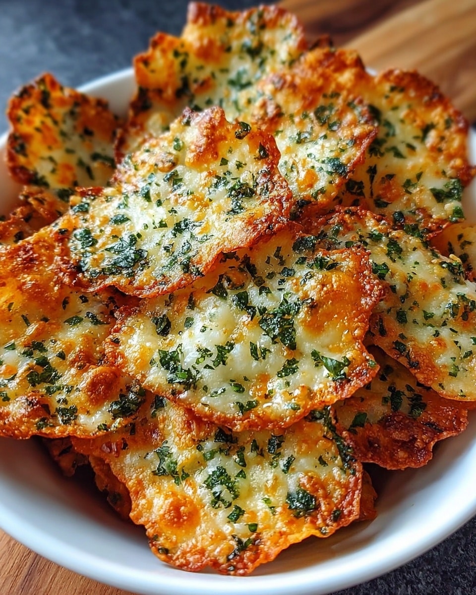 A white bowl is filled with thin, crispy chips stacked unevenly. Each chip is pale yellow with golden brown edges and scattered melted white cheese spots. There are small green herbs sprinkled all over the chips, giving a speckled texture. The chips appear slightly curled at the edges, with a crunchy texture visible. The bowl sits on a white marbled surface with a blurred background showing a checkered cloth in black and white tones. Photo taken with an iphone --ar 4:5 --v 7