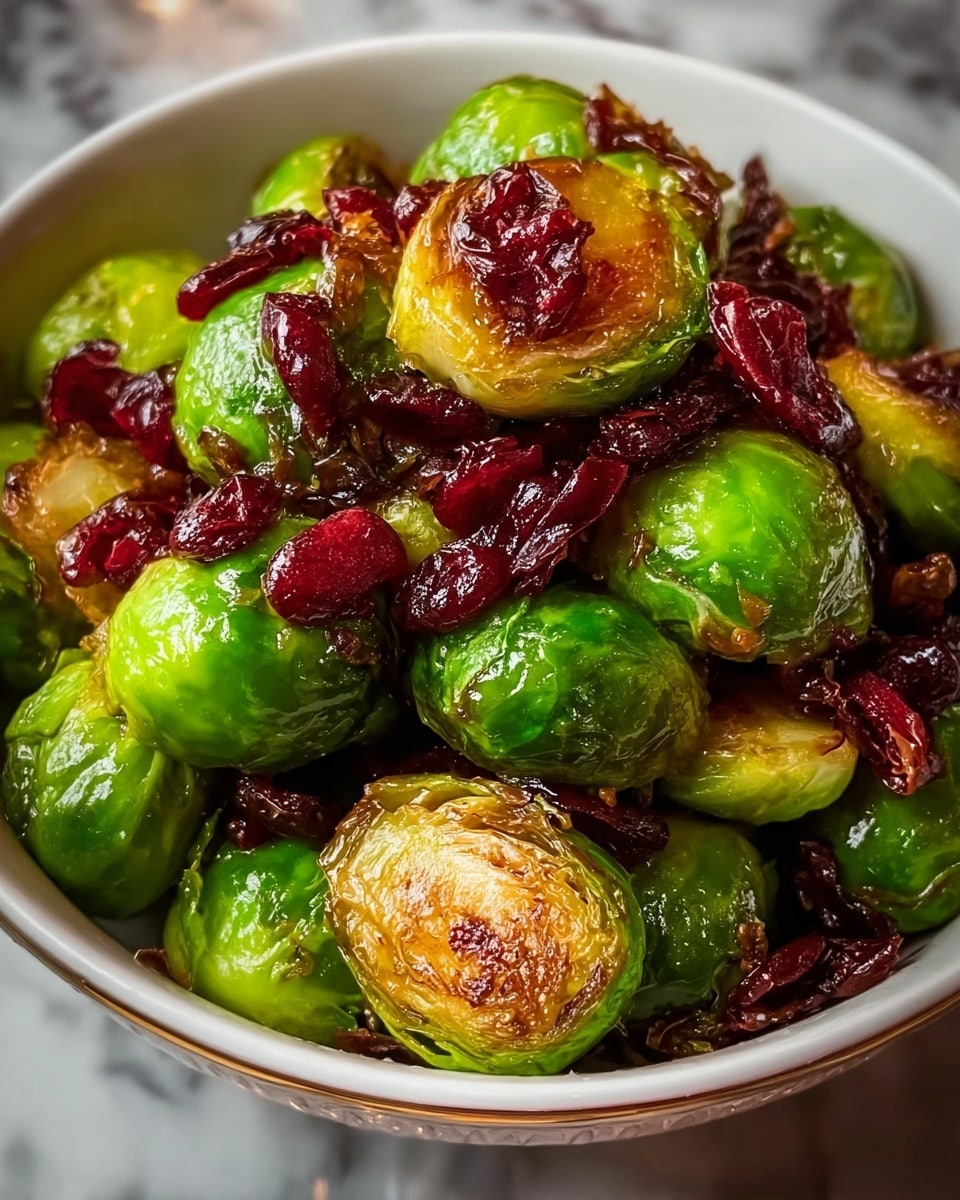 A close-up image of a white bowl filled with bright green Brussels sprouts, some halved showing a golden brown, crispy surface, piled high. Scattered throughout are dark red pieces of dried cranberries, adding color and texture contrast to the shiny, slightly oily Brussels sprouts. The bowl sits on a white marbled texture that softly reflects the dish’s colors. The image has warm lighting, emphasizing the glossy and crispy details of the vegetables and berries. photo taken with an iphone --ar 4:5 --v 7